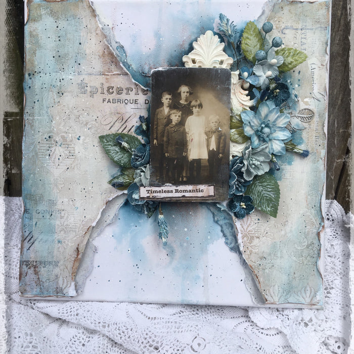 Soft vintage canvas layout. By Louise Crosbie