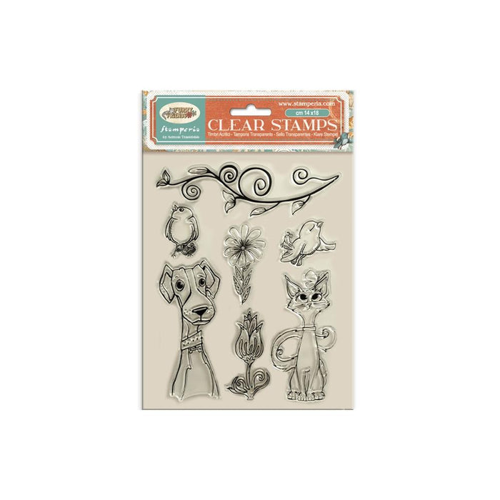 Furry Friends Acrylic Stamp Block - Dog, Cat And Flowers