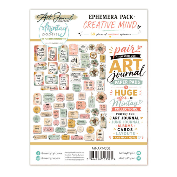 ART JOURNAL EPHEMERA PACK - CREATIVE MIND, 68 PCS