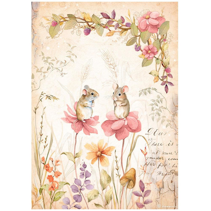 Rice Paper Sheet A4 - Woodland Mice And Flowers