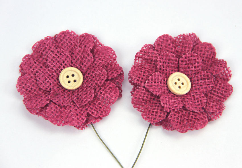 Burlap Flower with Button - Raspberry