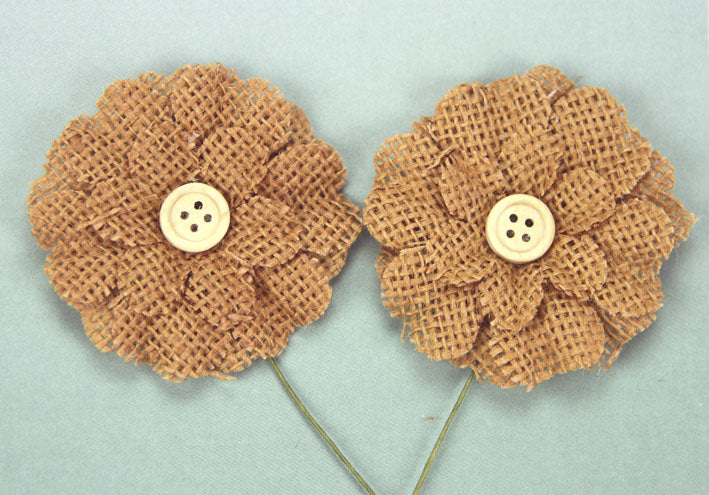 Burlap Flower with Button - Brown
