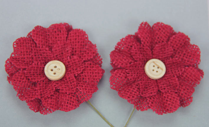 Burlap Flower with Button - Red