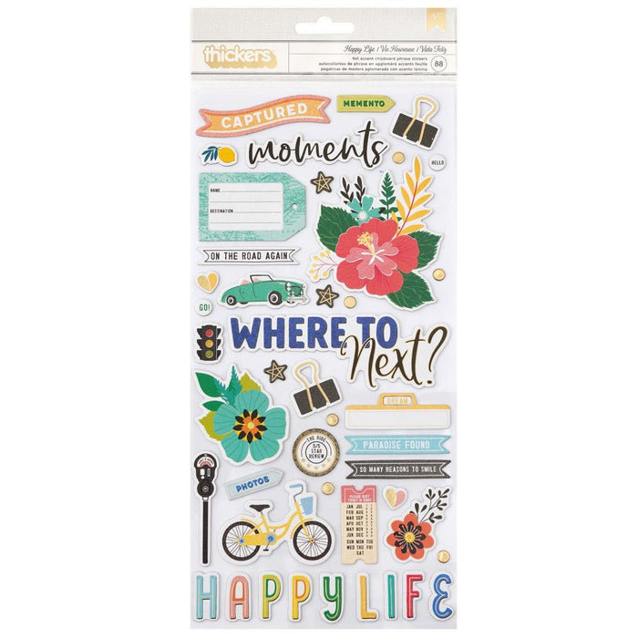 Where To Next Thickers Stickers - Happy Life Phrase/Chipboard